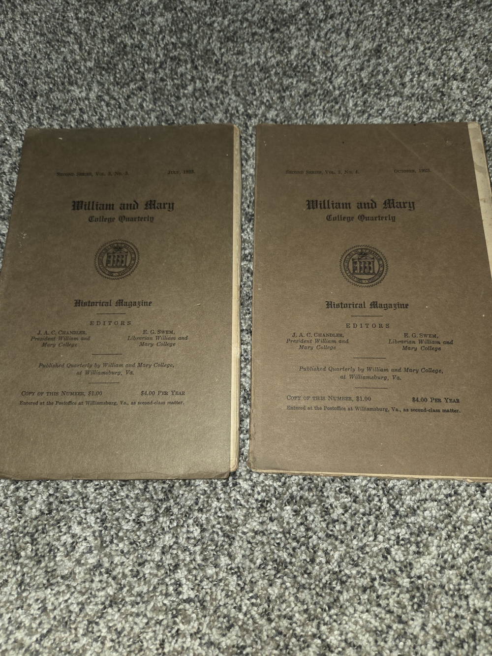 Lot of 2 WILLIAM AND MARY QUARTERLY Historical Magazines July and October 1923